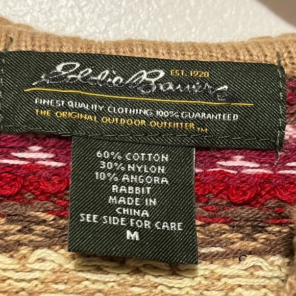 Eddie Bauer Womens Zip Up Fair Isle Hooded Sweater M Angora Tan Nordic Cabincore - Picture 6 of 8